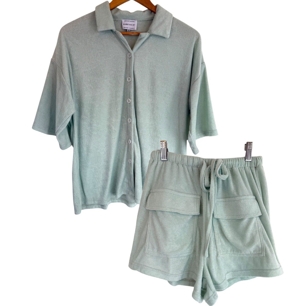 Sabo Skirt Terry Cloth Lounge Set‎ Sage Green Button Up Shorts Coastal Resort XS